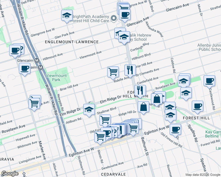 map of restaurants, bars, coffee shops, grocery stores, and more near in Toronto