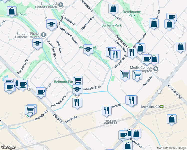 map of restaurants, bars, coffee shops, grocery stores, and more near Aloma Crescent in Brampton