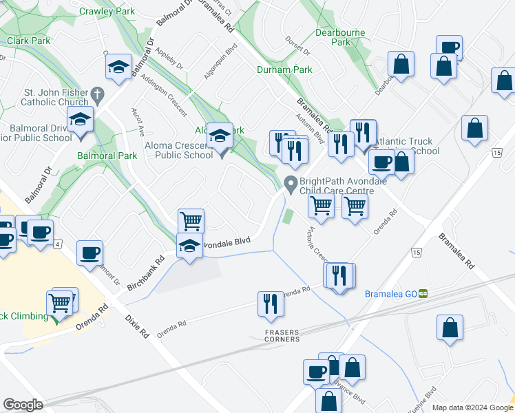 map of restaurants, bars, coffee shops, grocery stores, and more near 7 Albion Crescent in Brampton