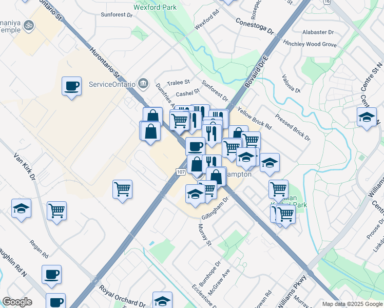 map of restaurants, bars, coffee shops, grocery stores, and more near Hurontario St & Bovaird Dr W in Brampton