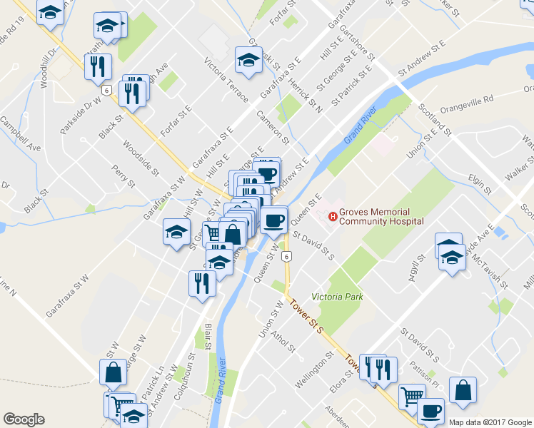 map of restaurants, bars, coffee shops, grocery stores, and more near in Wellington County