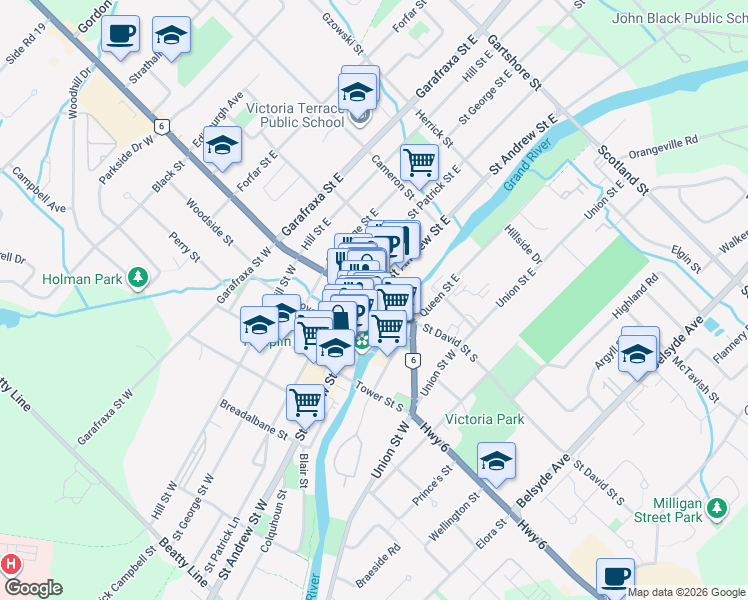 map of restaurants, bars, coffee shops, grocery stores, and more near in Wellington County