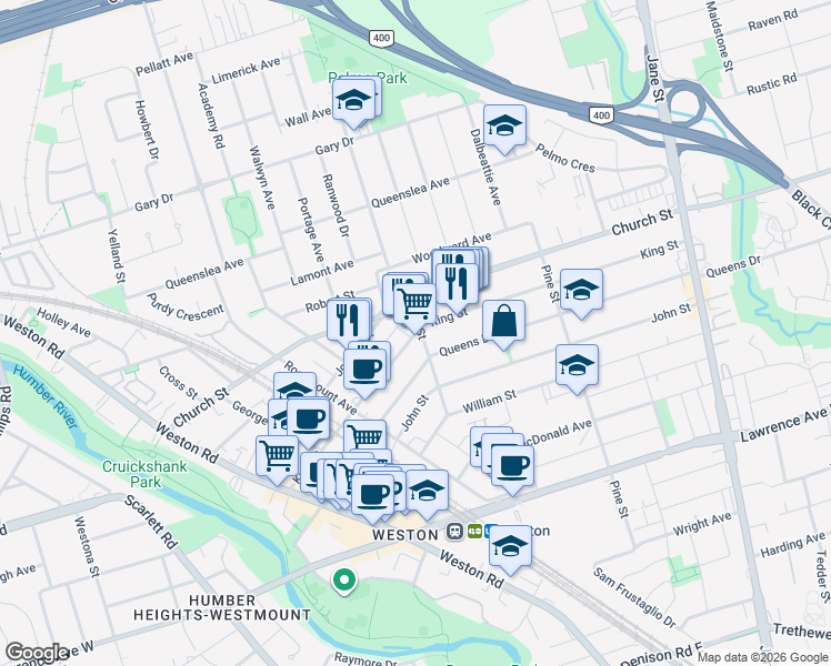 map of restaurants, bars, coffee shops, grocery stores, and more near 102 King Street in Toronto