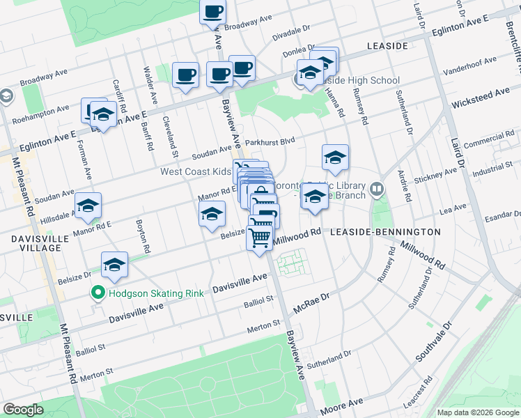 map of restaurants, bars, coffee shops, grocery stores, and more near in Toronto