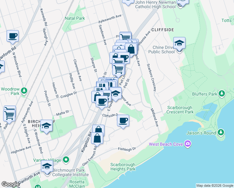 map of restaurants, bars, coffee shops, grocery stores, and more near 43 Ridgemoor Avenue in Toronto