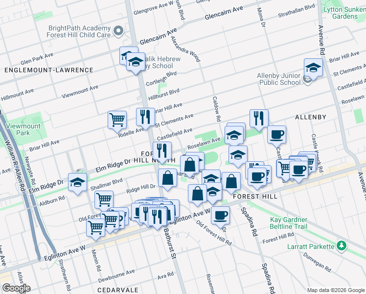 map of restaurants, bars, coffee shops, grocery stores, and more near 640 Roselawn Avenue in Vaughan