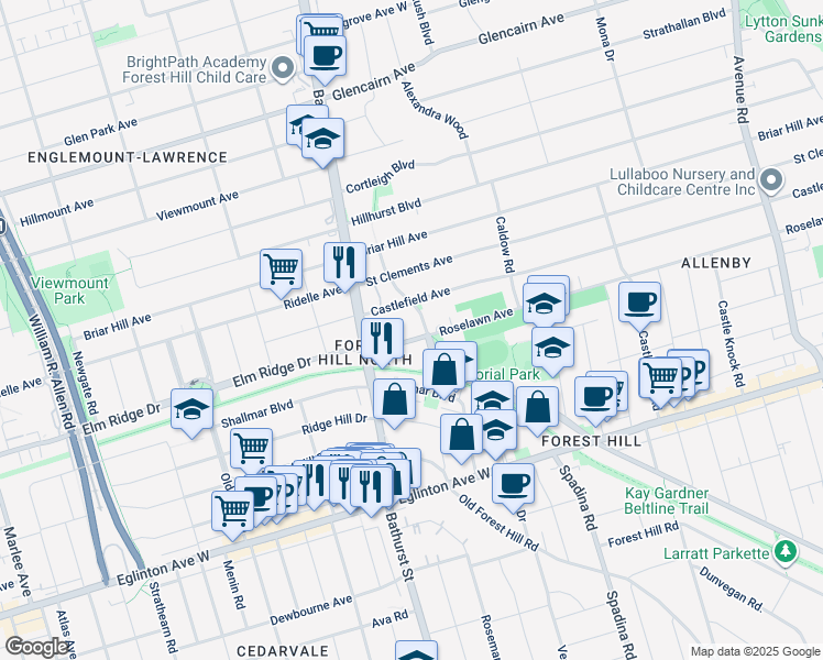 map of restaurants, bars, coffee shops, grocery stores, and more near 668 Roselawn Avenue in Toronto