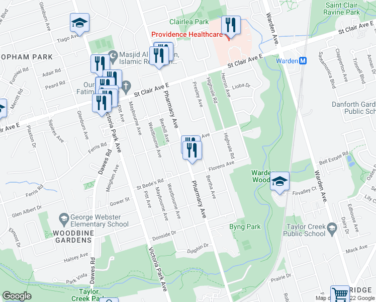 map of restaurants, bars, coffee shops, grocery stores, and more near 481 Pharmacy Avenue in Toronto