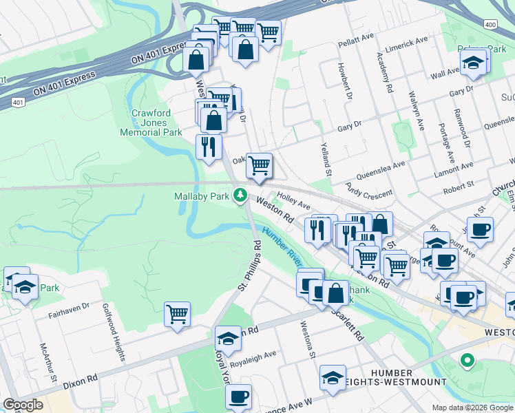 map of restaurants, bars, coffee shops, grocery stores, and more near 2360 Weston Road in Toronto