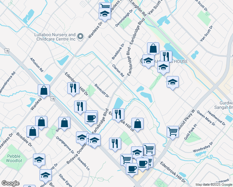 map of restaurants, bars, coffee shops, grocery stores, and more near 91 Earlsbridge Boulevard in Brampton