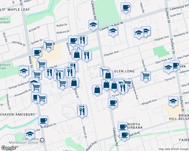 map of restaurants, bars, coffee shops, grocery stores, and more near 50 Lotherton Pathway in Toronto