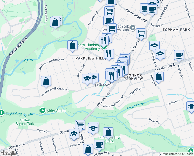 map of restaurants, bars, coffee shops, grocery stores, and more near 18 Doris Drive in Toronto
