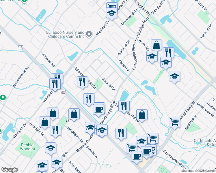 map of restaurants, bars, coffee shops, grocery stores, and more near 20 Brentcliff Drive in Brampton