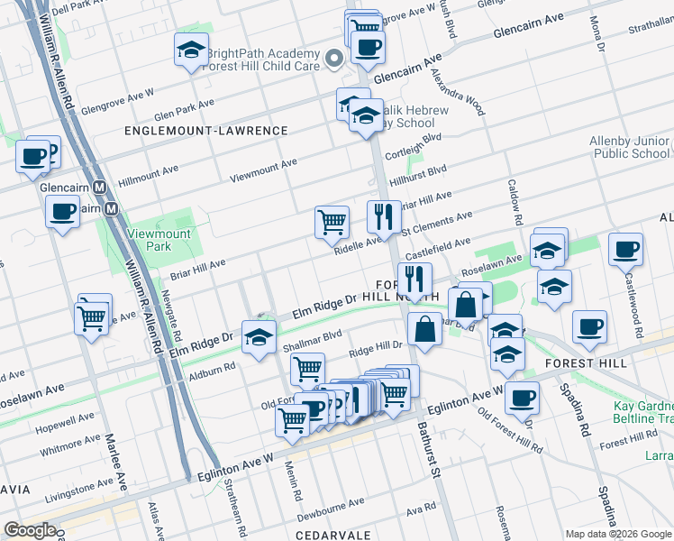 map of restaurants, bars, coffee shops, grocery stores, and more near in Toronto