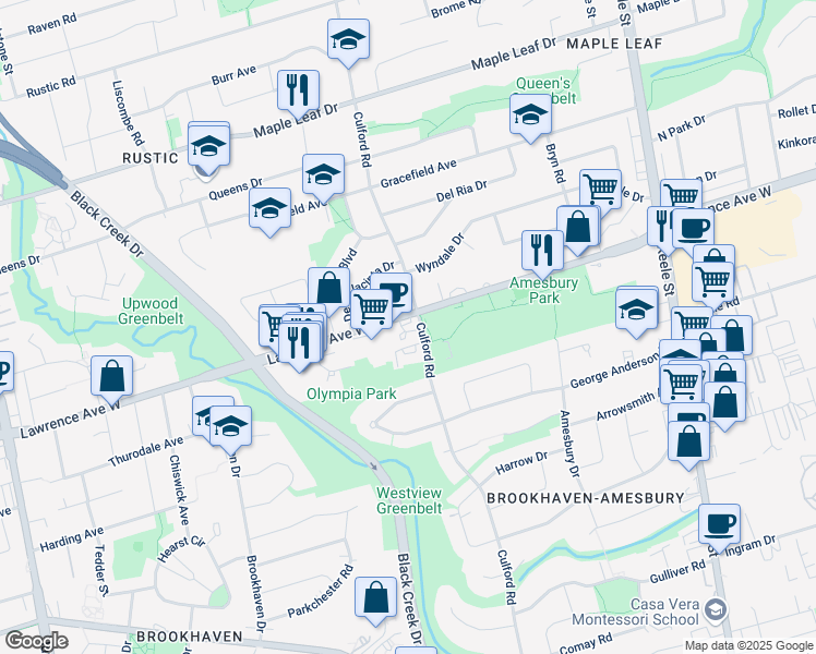 map of restaurants, bars, coffee shops, grocery stores, and more near 1571 Lawrence Avenue West in Toronto