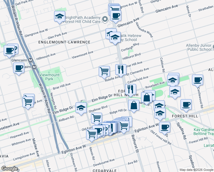 map of restaurants, bars, coffee shops, grocery stores, and more near in Toronto