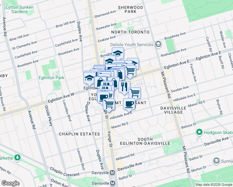 map of restaurants, bars, coffee shops, grocery stores, and more near 33 Holly Street in Toronto