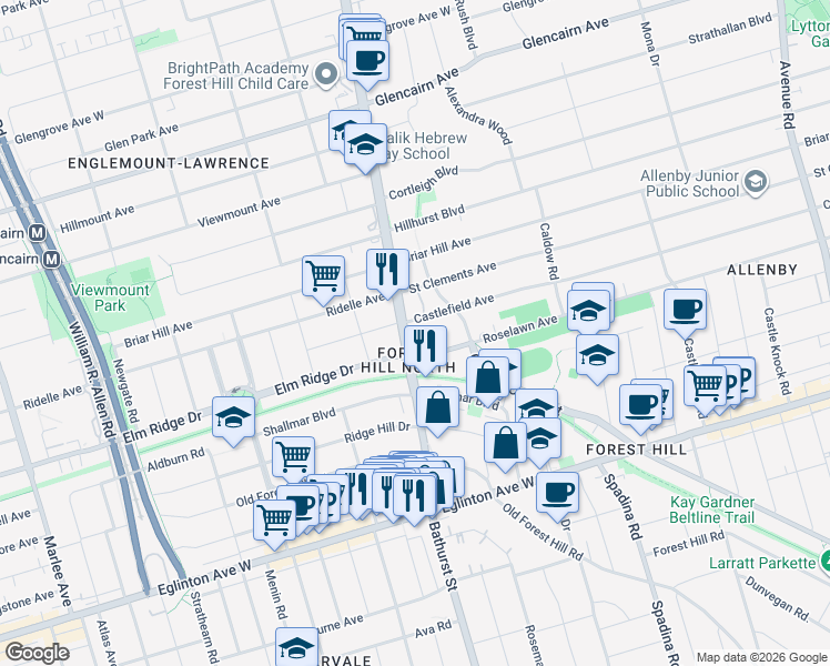 map of restaurants, bars, coffee shops, grocery stores, and more near 2525 Bathurst Street in Toronto