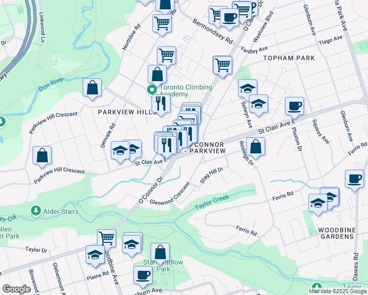 map of restaurants, bars, coffee shops, grocery stores, and more near in Toronto