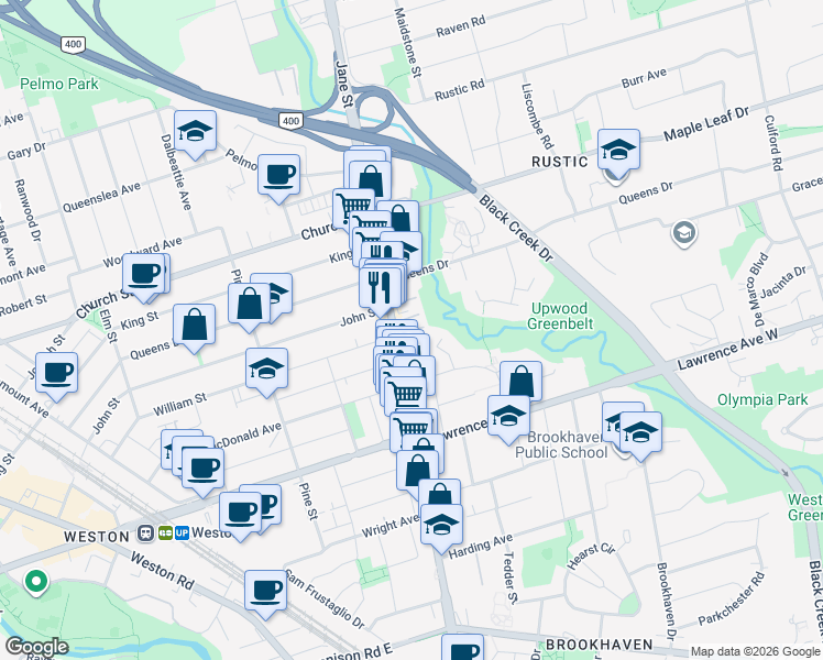 map of restaurants, bars, coffee shops, grocery stores, and more near 1775 Jane Street in Toronto