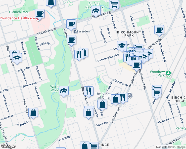 map of restaurants, bars, coffee shops, grocery stores, and more near in Toronto