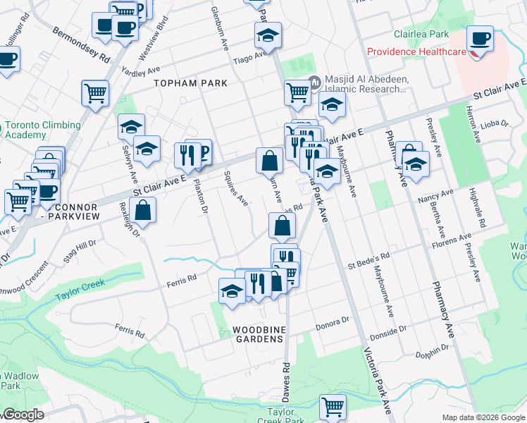 map of restaurants, bars, coffee shops, grocery stores, and more near in Toronto