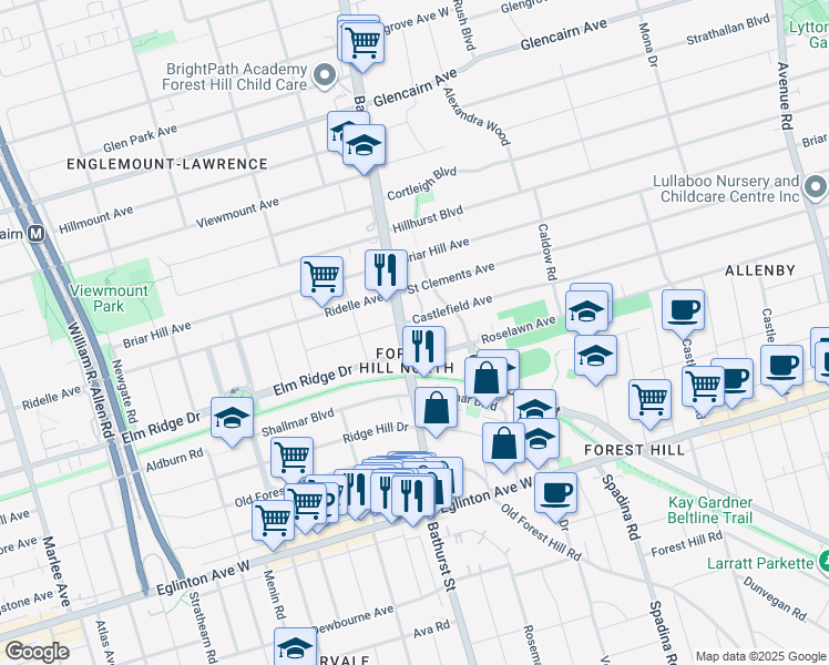 map of restaurants, bars, coffee shops, grocery stores, and more near in Toronto