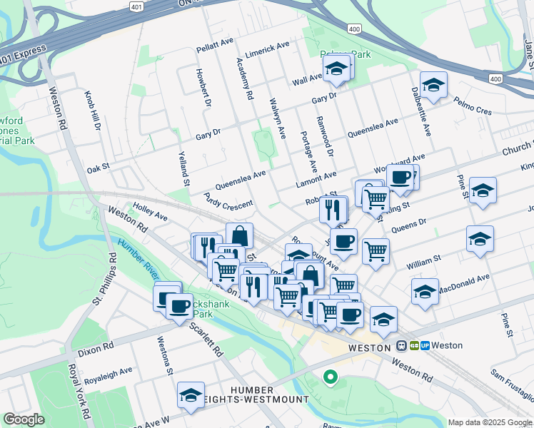 map of restaurants, bars, coffee shops, grocery stores, and more near in Toronto