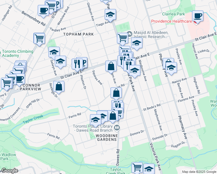 map of restaurants, bars, coffee shops, grocery stores, and more near 6 Youngmill Drive in Toronto