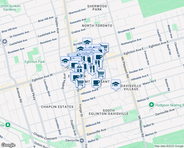 map of restaurants, bars, coffee shops, grocery stores, and more near 50 Dunfield Avenue in Toronto