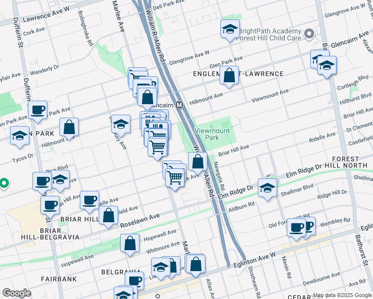 map of restaurants, bars, coffee shops, grocery stores, and more near 25 Benner Avenue in Toronto