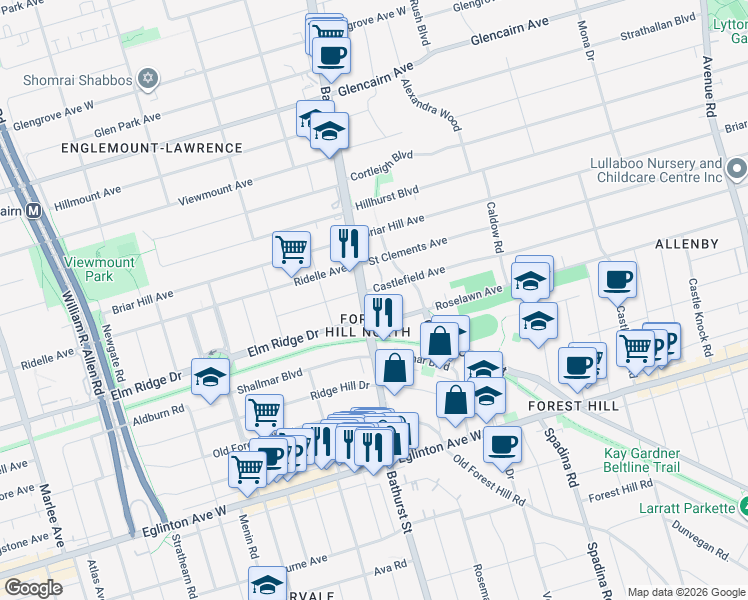 map of restaurants, bars, coffee shops, grocery stores, and more near in Toronto