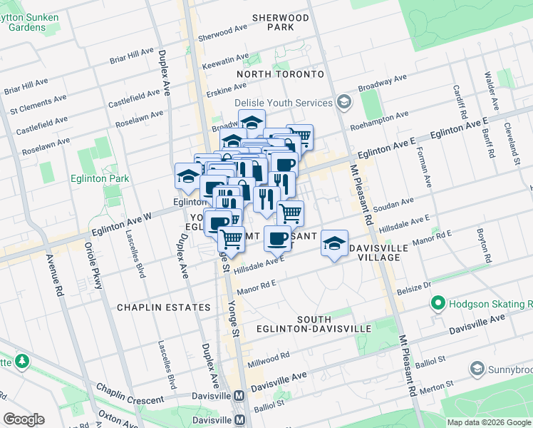 map of restaurants, bars, coffee shops, grocery stores, and more near 50 Dunfield Avenue in Toronto