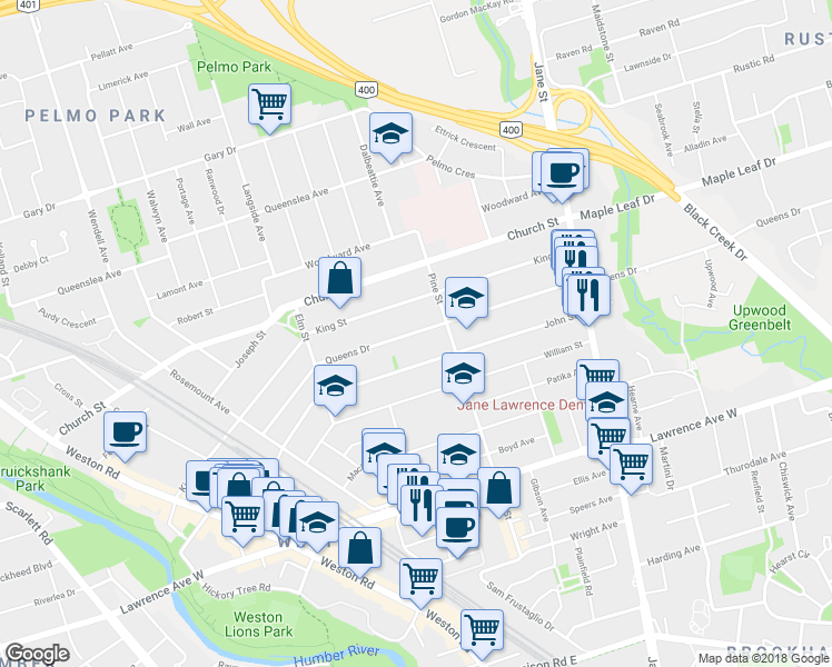 map of restaurants, bars, coffee shops, grocery stores, and more near 153 Queens Drive in Toronto
