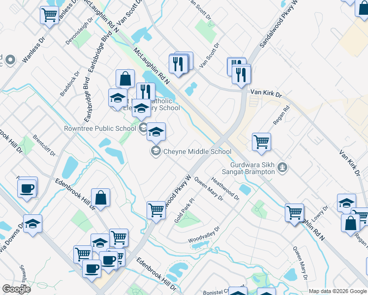 map of restaurants, bars, coffee shops, grocery stores, and more near 20 Charleswood Circle in Brampton