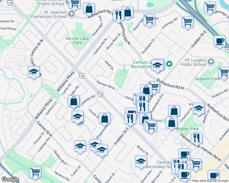 map of restaurants, bars, coffee shops, grocery stores, and more near 68 Greene Drive in Brampton