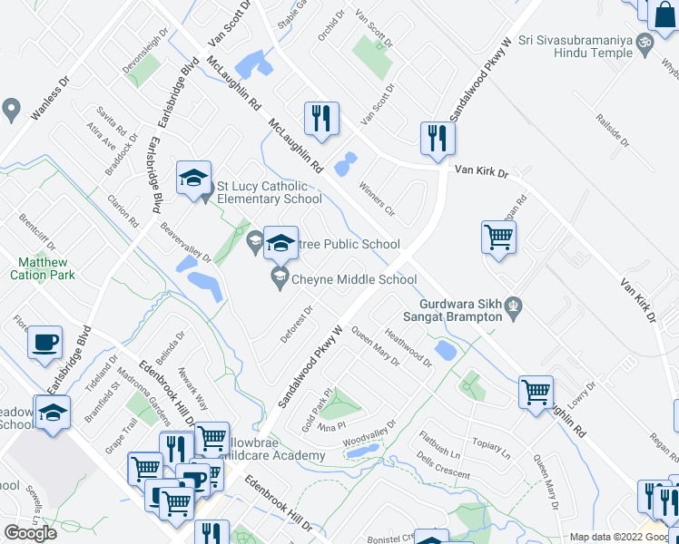 map of restaurants, bars, coffee shops, grocery stores, and more near Charleswood Circle in Brampton