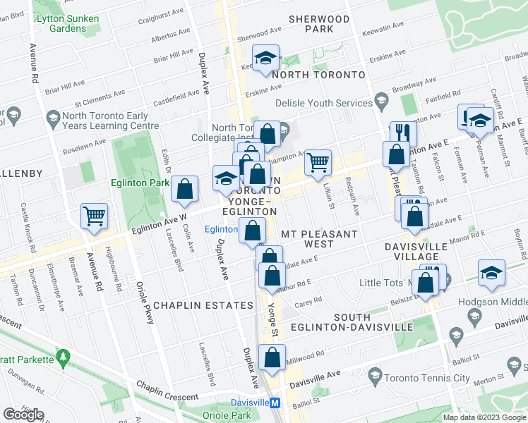 map of restaurants, bars, coffee shops, grocery stores, and more near 2190 Yonge Street in Toronto