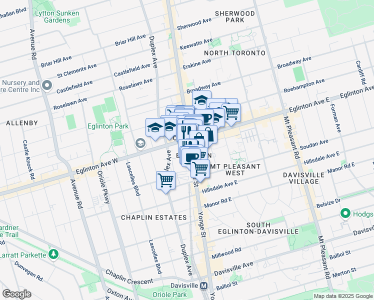 map of restaurants, bars, coffee shops, grocery stores, and more near 2181 Cowbell Lane in Toronto