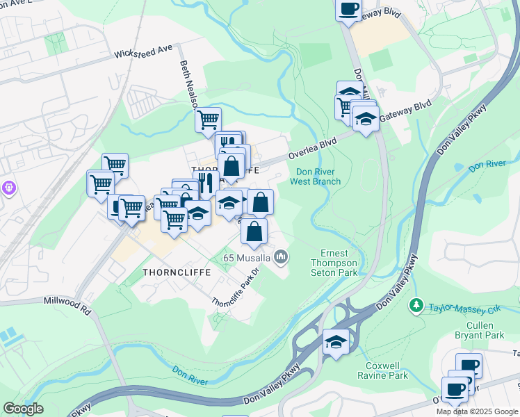 map of restaurants, bars, coffee shops, grocery stores, and more near 79 Thorncliffe Park Drive in Toronto