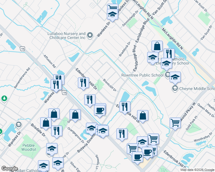map of restaurants, bars, coffee shops, grocery stores, and more near in Brampton