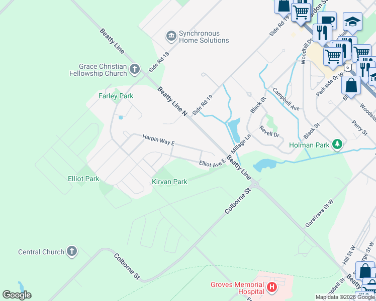 map of restaurants, bars, coffee shops, grocery stores, and more near 216 Harpin Way East in Wellington County