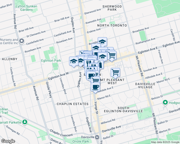 map of restaurants, bars, coffee shops, grocery stores, and more near 2200 Yonge Street, Suite 500 in Toronto