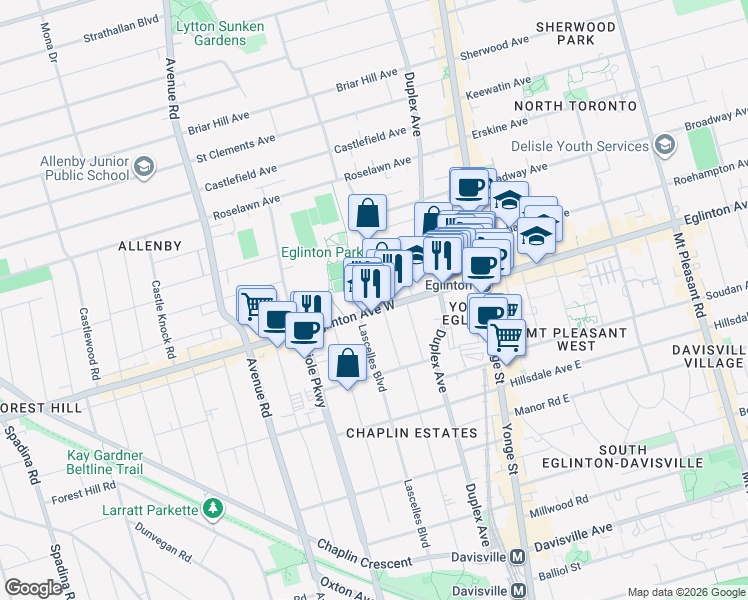 map of restaurants, bars, coffee shops, grocery stores, and more near 2 Edith Drive in Toronto