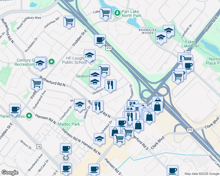 map of restaurants, bars, coffee shops, grocery stores, and more near 39 Seaborn Road in Brampton