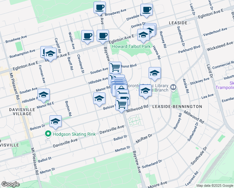map of restaurants, bars, coffee shops, grocery stores, and more near 1604 Bayview Ave in Toronto