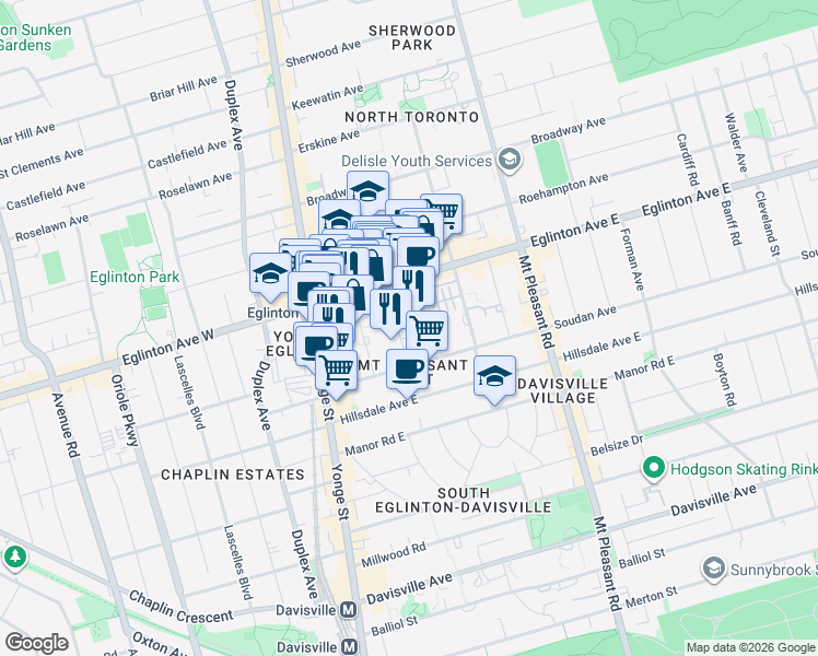 map of restaurants, bars, coffee shops, grocery stores, and more near 45 Dunfield Avenue in Toronto