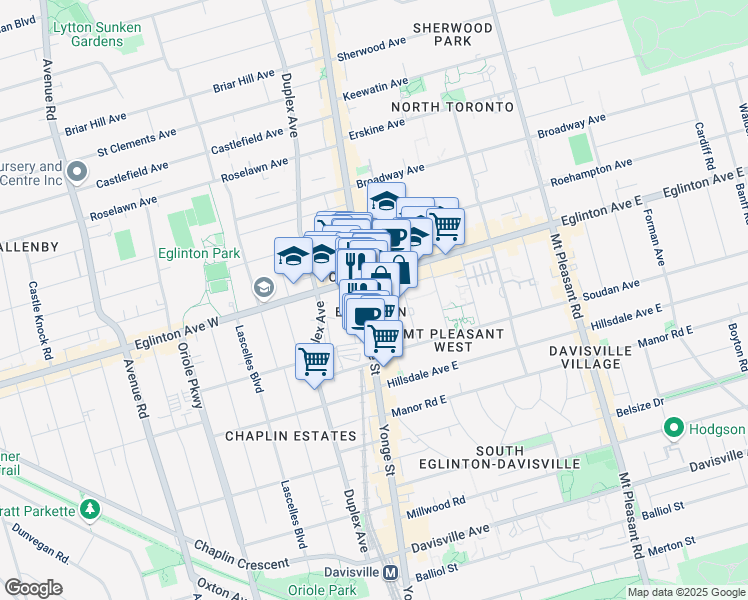 map of restaurants, bars, coffee shops, grocery stores, and more near 250 Yonge Street in Toronto
