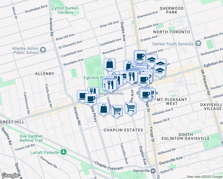 map of restaurants, bars, coffee shops, grocery stores, and more near in Toronto