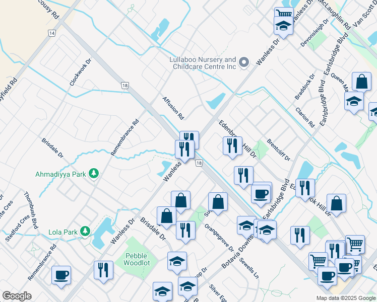 map of restaurants, bars, coffee shops, grocery stores, and more near Chinguacousy Rd & Wanless Dr in Brampton